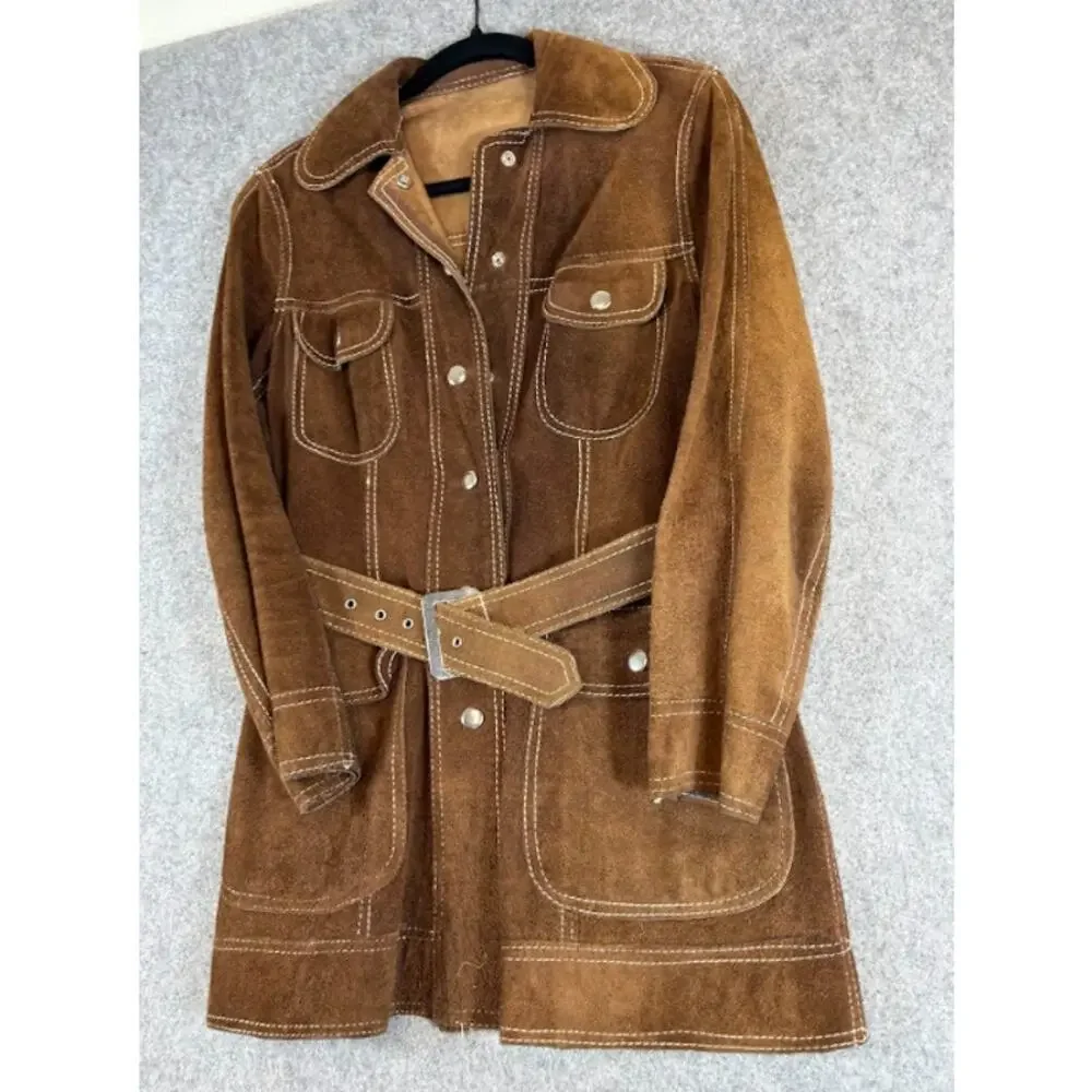 VTG Suede Leather Coat Belted Western Jacket Women Small Brown Cowgirl Boho 70s - Picture 3 of 8